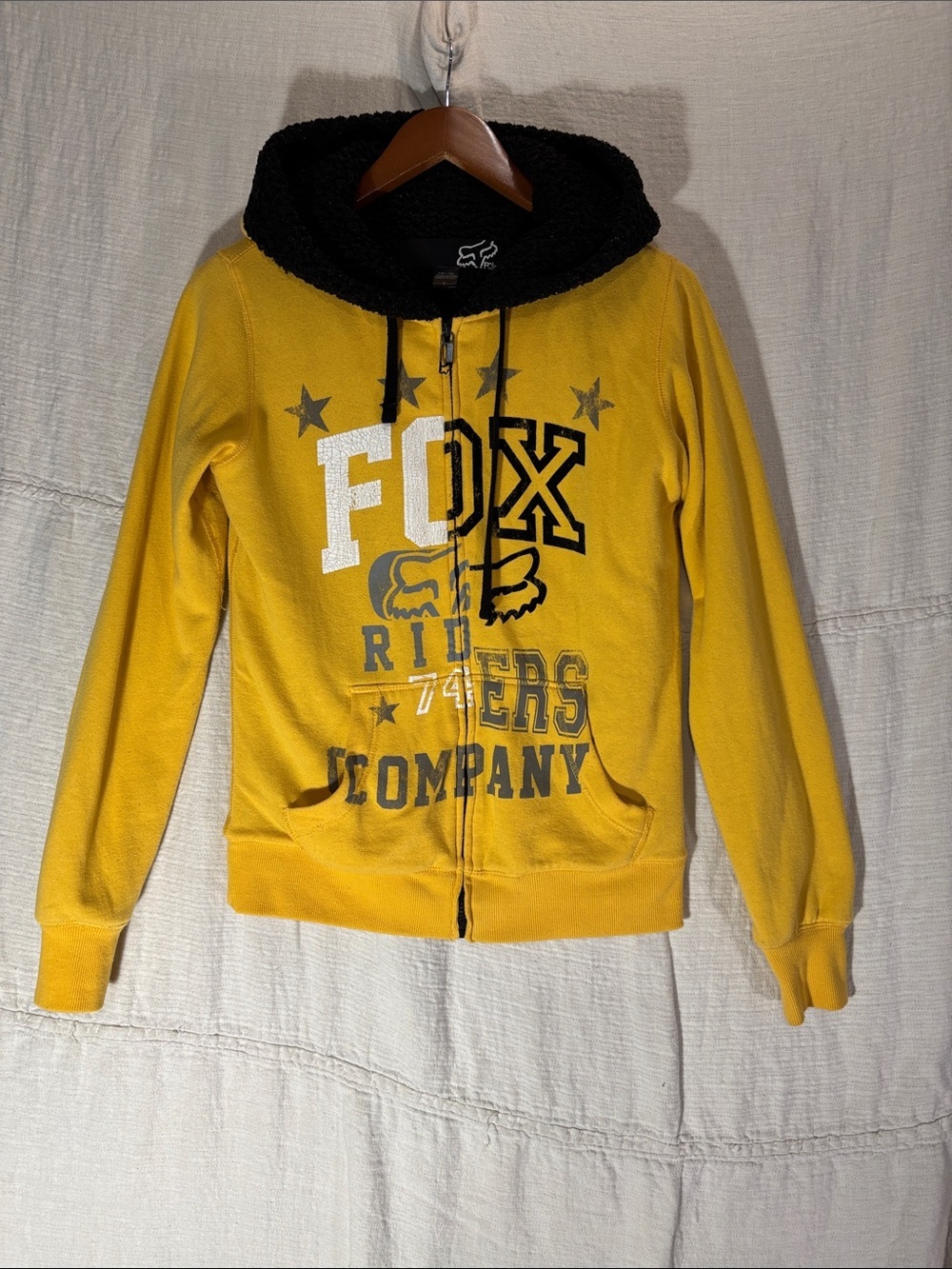 VTG Fox Racing Yellow Sherpa Zip Hoodie Mens Small Y2K Grunge Unisex